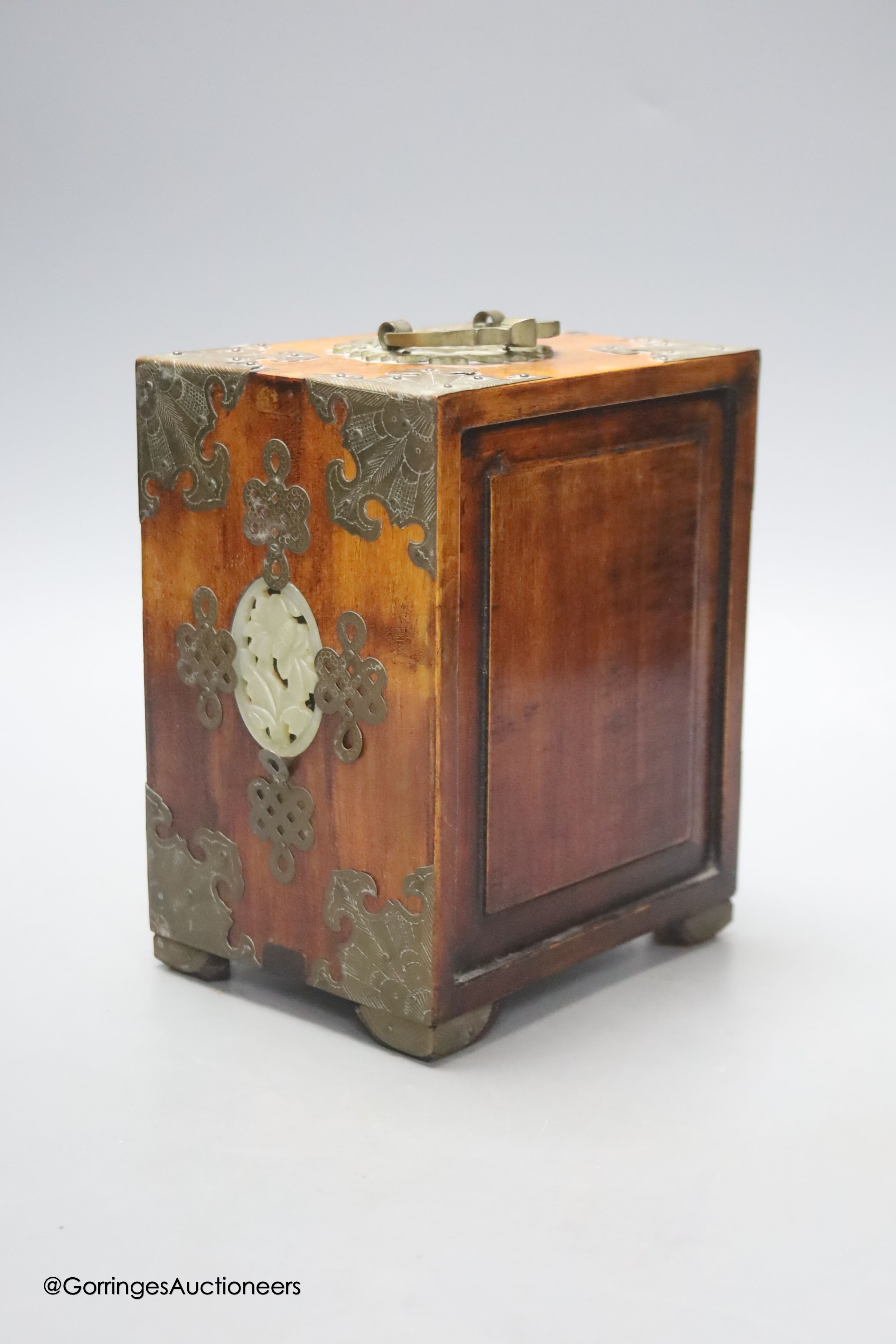 A Chinese hardstone and brass jewellery cabinet, width 14cm height 18cm
